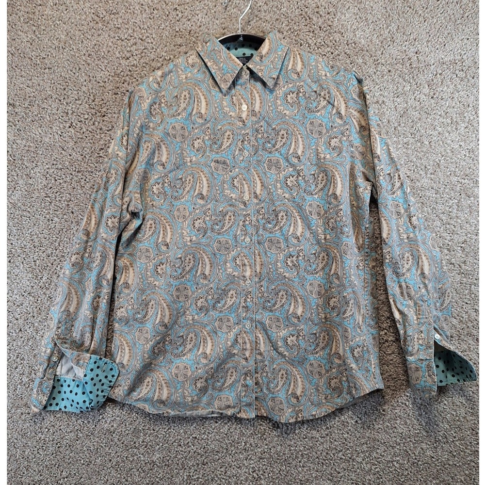 Jones New York Button Up Shirt Womens M Blue Paisley Long Sleeve Cotton Blouse